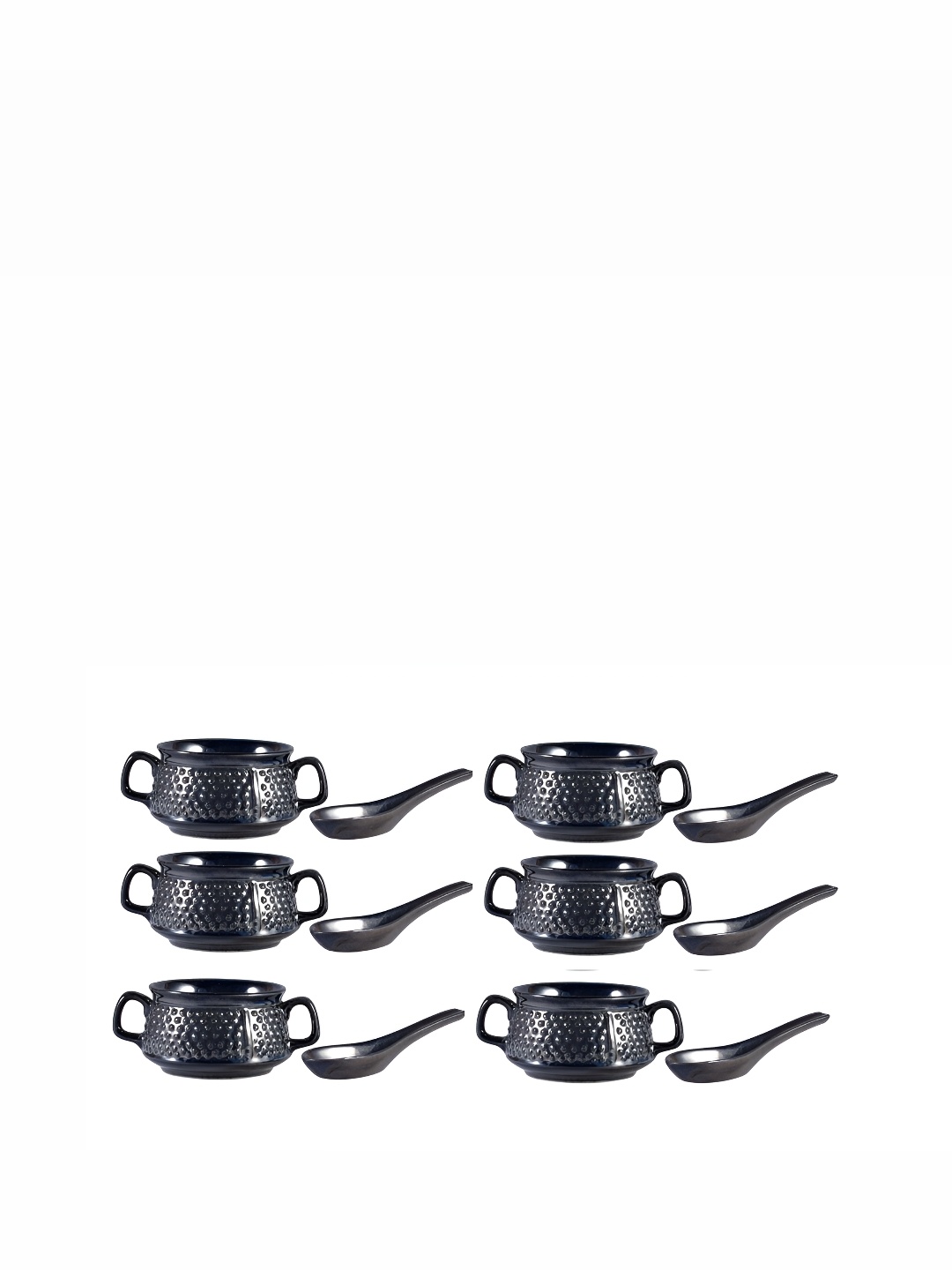 

caffeine Black 6 Pieces Textured Ceramic Microwave Safe Soup Bowls With Spoons