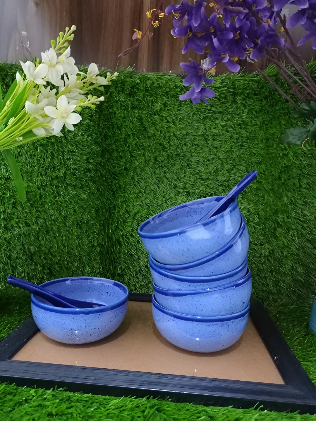 

caffeine Blue 6 Pieces Ceramic Microwave Safe Soup Bowls With Spoons