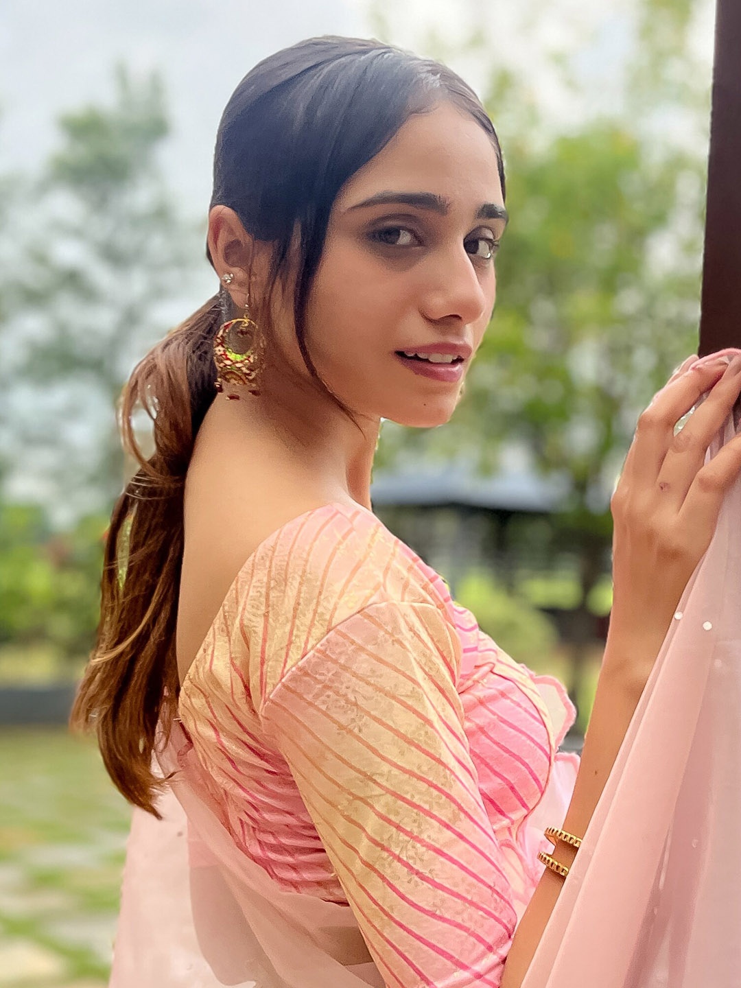 

Bindigasm's Advi Striped Jacquard Saree Blouse, Pink
