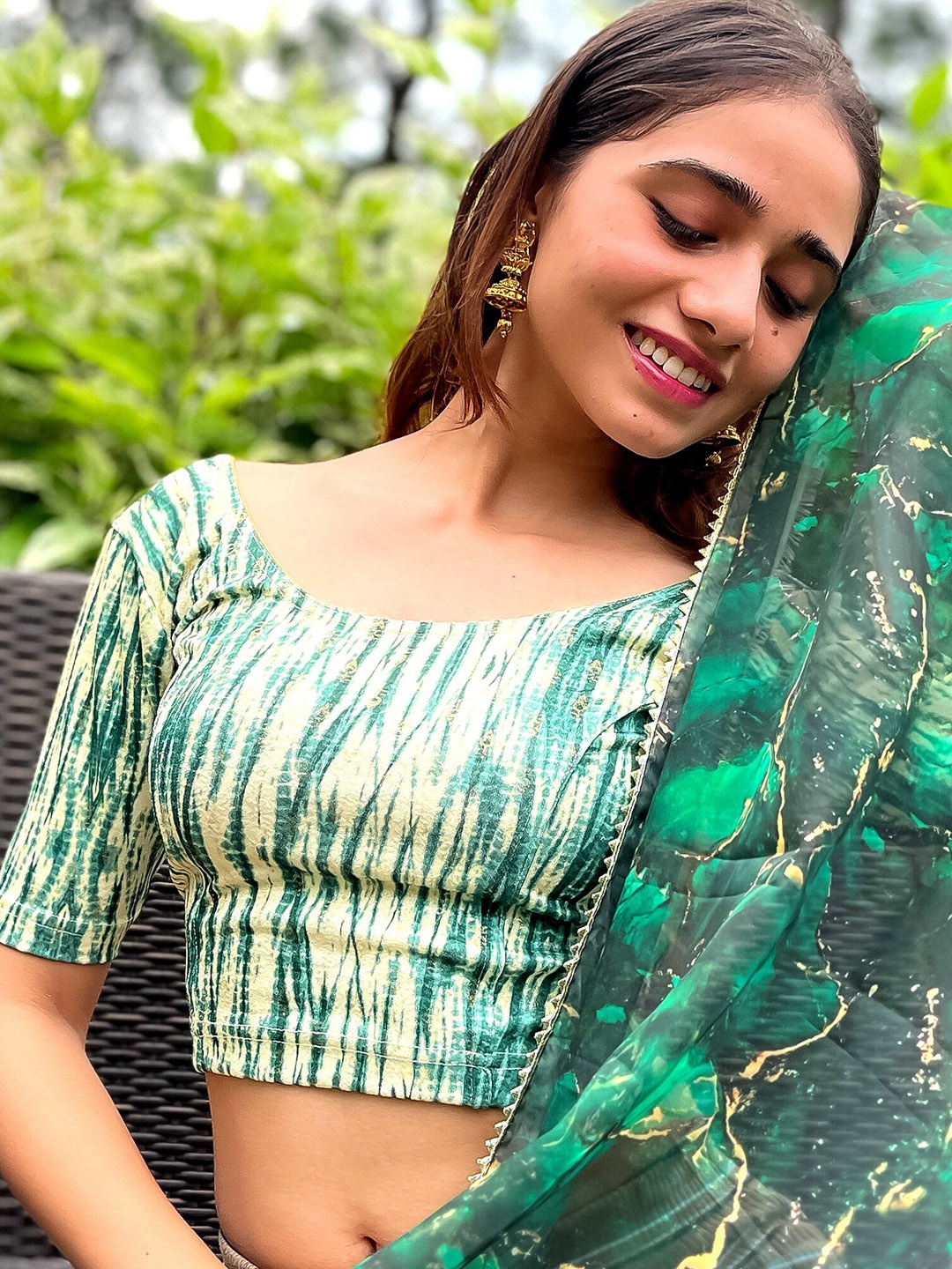 

Bindigasm's Advi Abstract Printed Jacquard Saree Blouse, Green