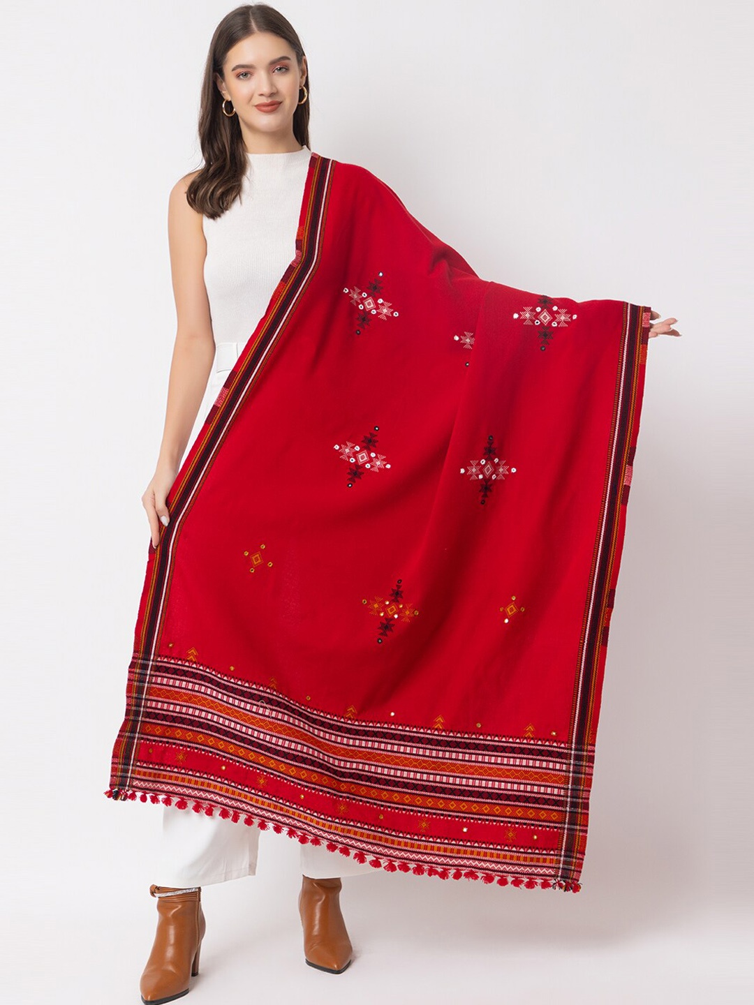 

CASMIR Embroidered Mirror Work Shawl, Red