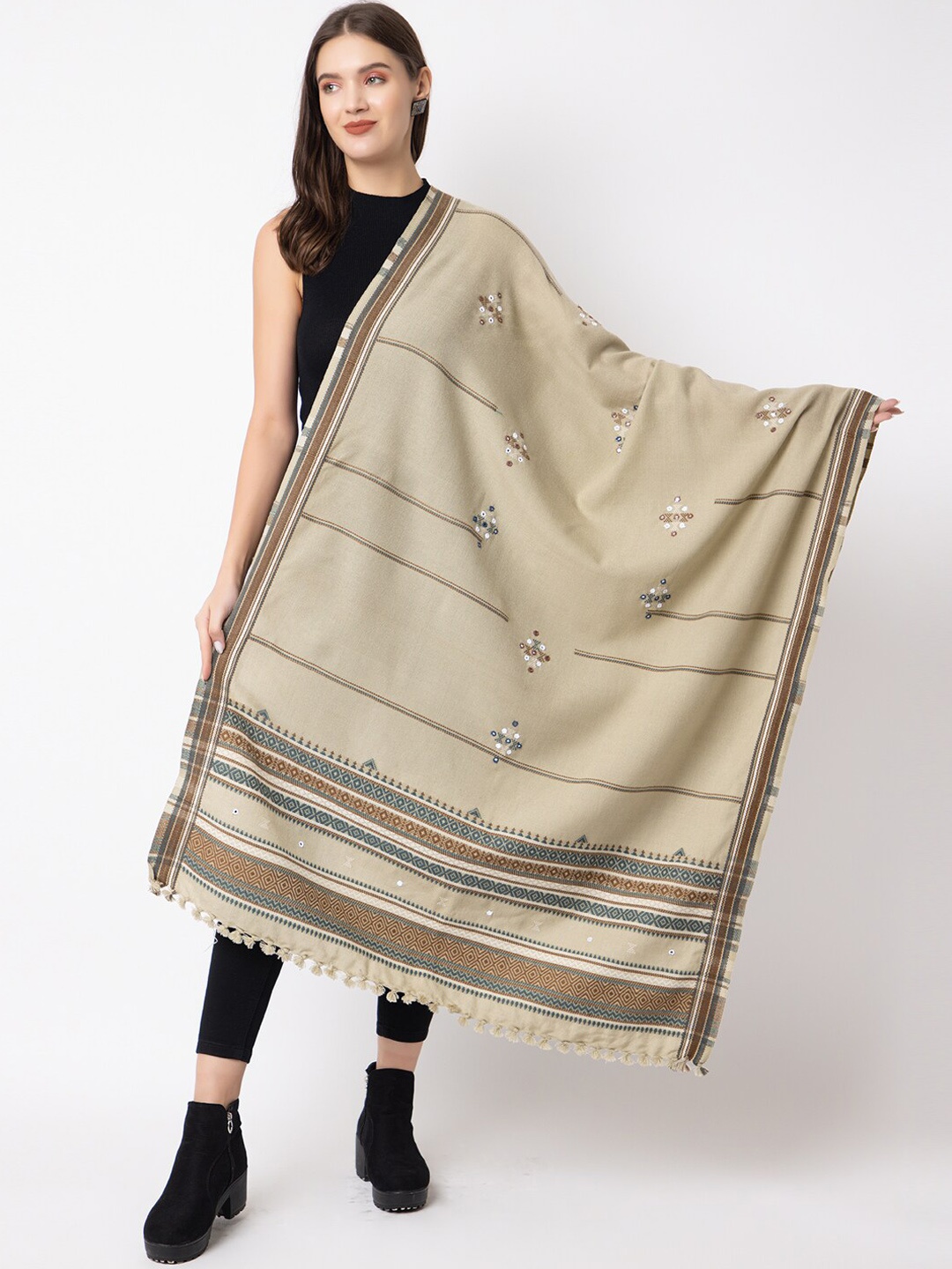 

CASMIR Embroidered Mirror Work Shawl, Beige