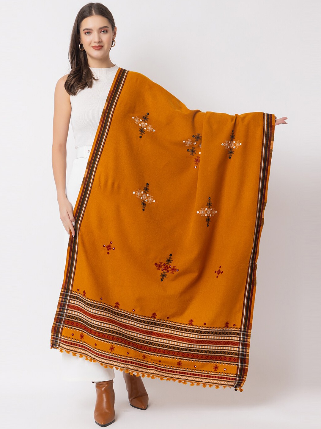 

CASMIR Embroidered Mirror Work Shawl, Mustard