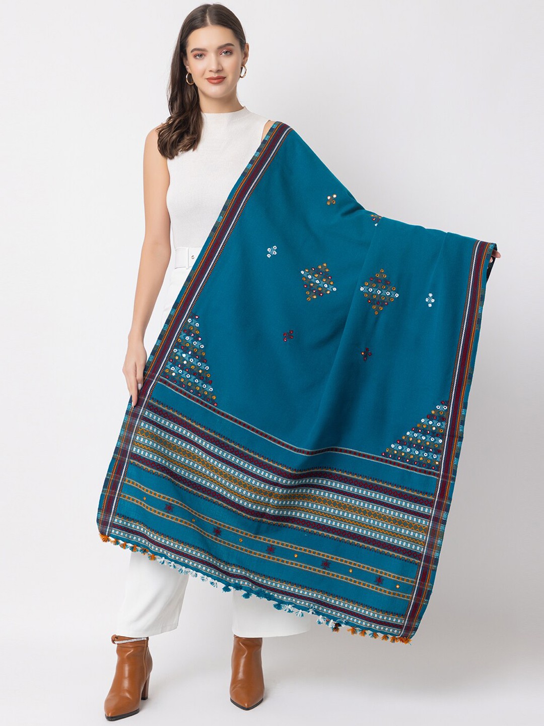 

CASMIR Embroidered Mirror Work Shawl, Teal