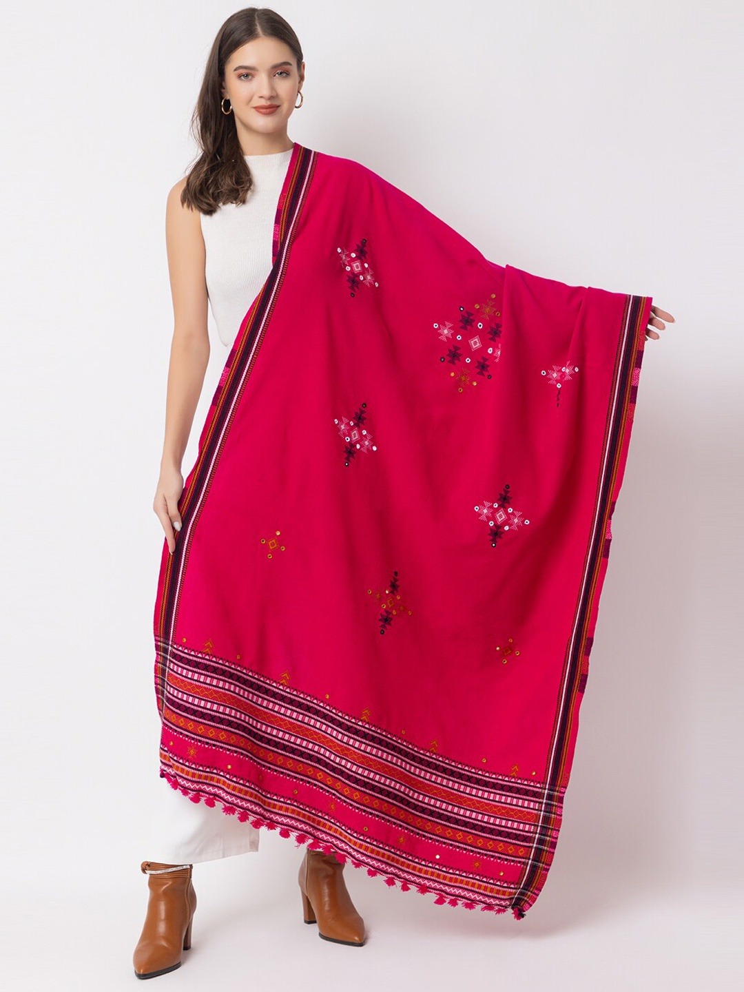 

CASMIR Embroidered Mirror Work Shawl, Pink