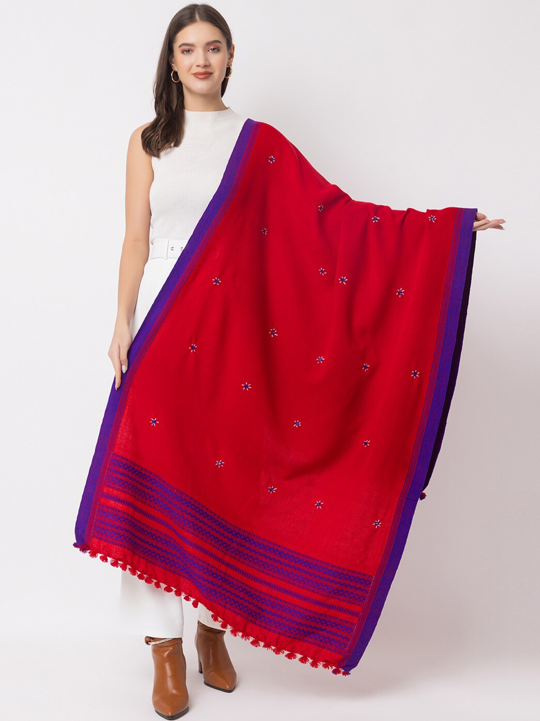 

CASMIR Floral Embroidered Tasselled Wool Acrylic Shawl, Red