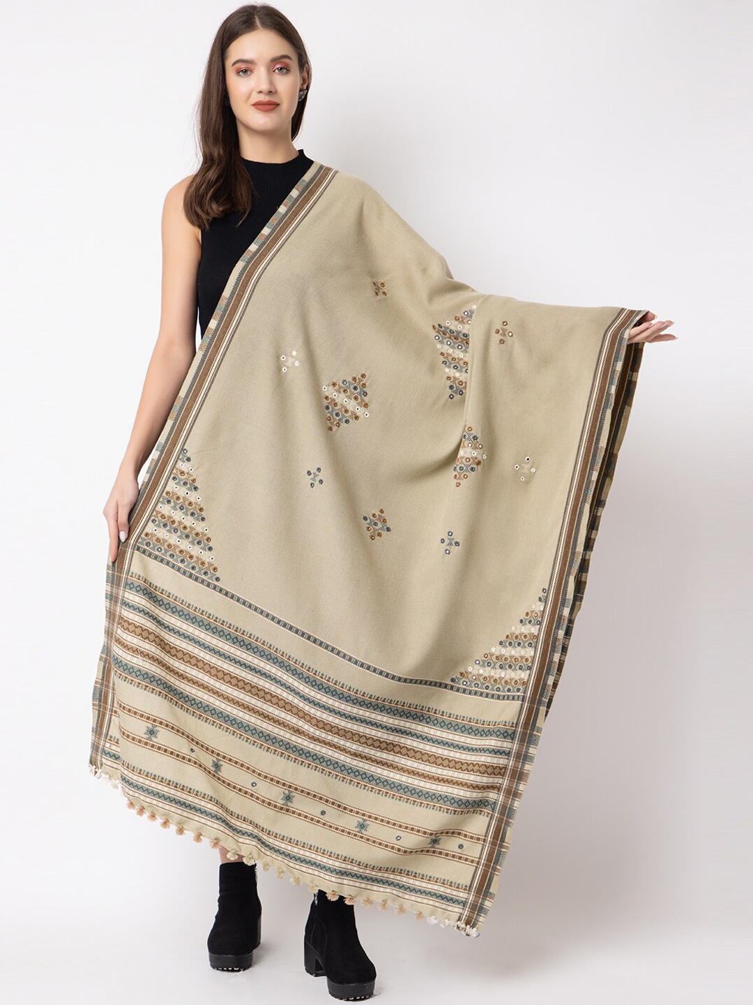 

CASMIR Embroidery Mirror Work Wool Acrylic Shawl, Beige