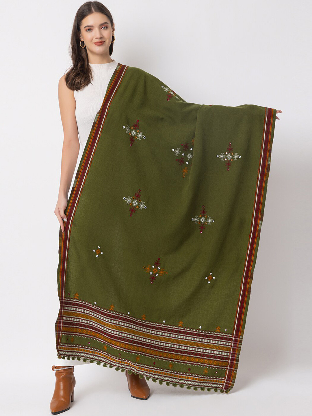 

CASMIR Embroidered Mirror Work Tassel Detail Wool Acrylic Shawl, Olive