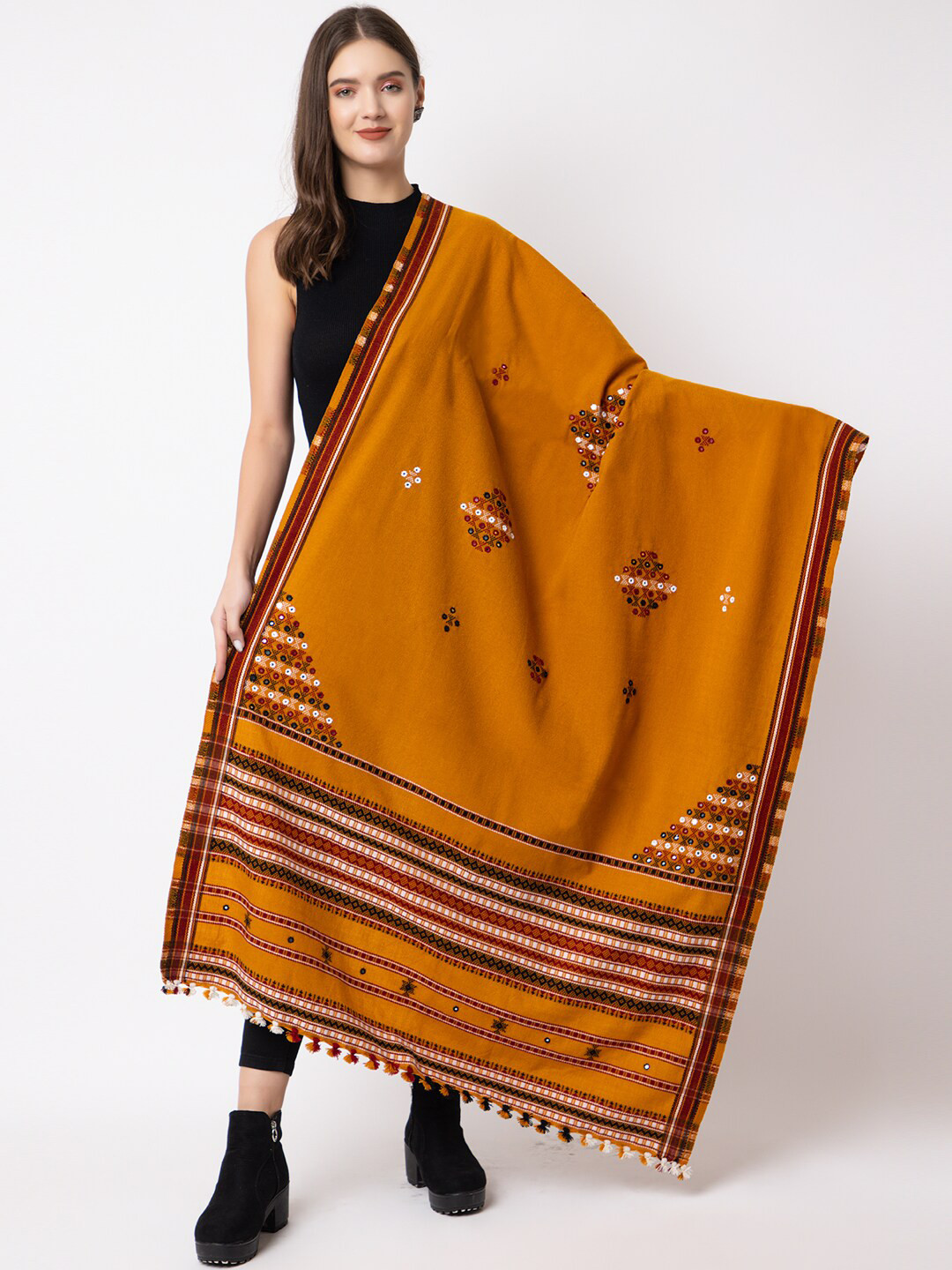 

CASMIR Geometric Embroidered Mirror Work Tasseled Shawl, Mustard