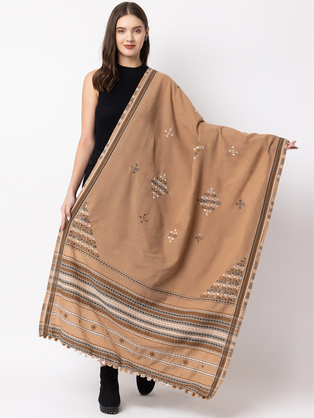 

CASMIR Geometric Embroidered Mirror Work Tasseled Shawl, Beige