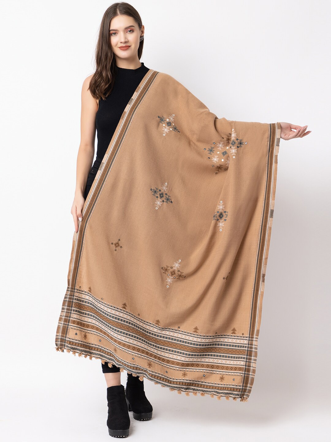 

CASMIR Geometric Embroidered Mirror Work Tasseled Shawl, Beige