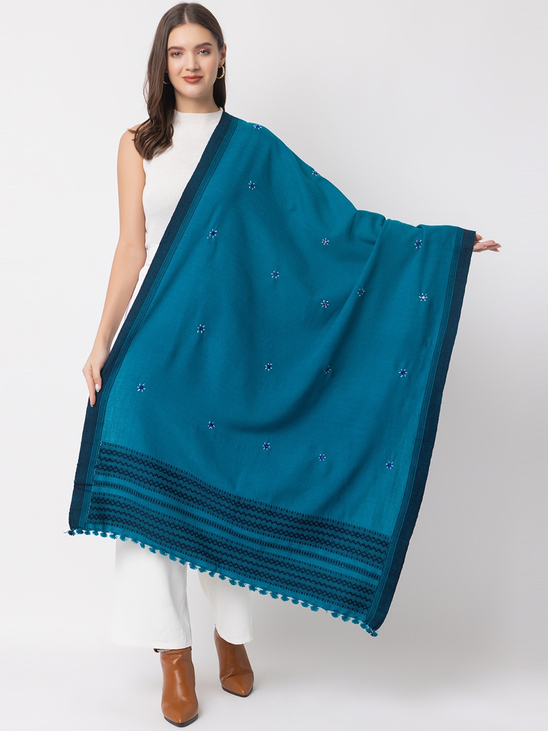 

CASMIR Ethnic Motifs Embroidered Mirror Work Tasseled Shawl, Teal