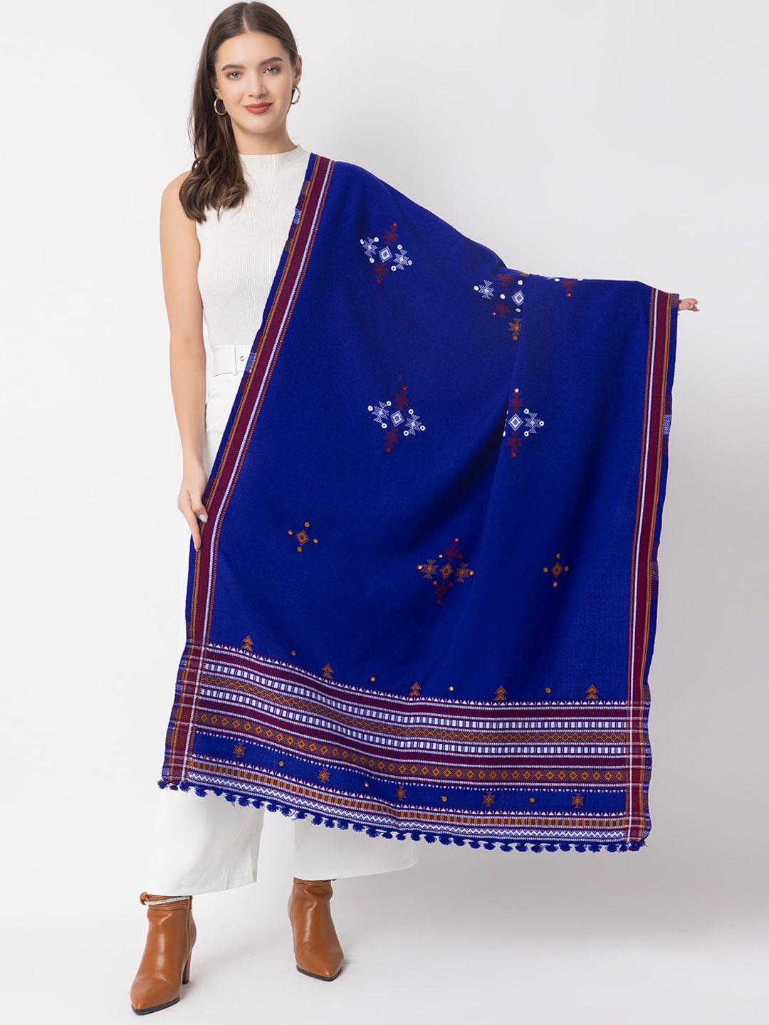 

CASMIR Ethnic Motifs Embroidered Mirror Work Shawl, Blue