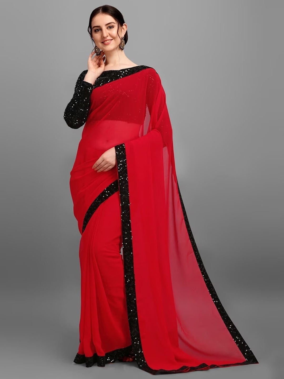 

APNISHA Ethnic Motifs Pure Georgette Saree, Red