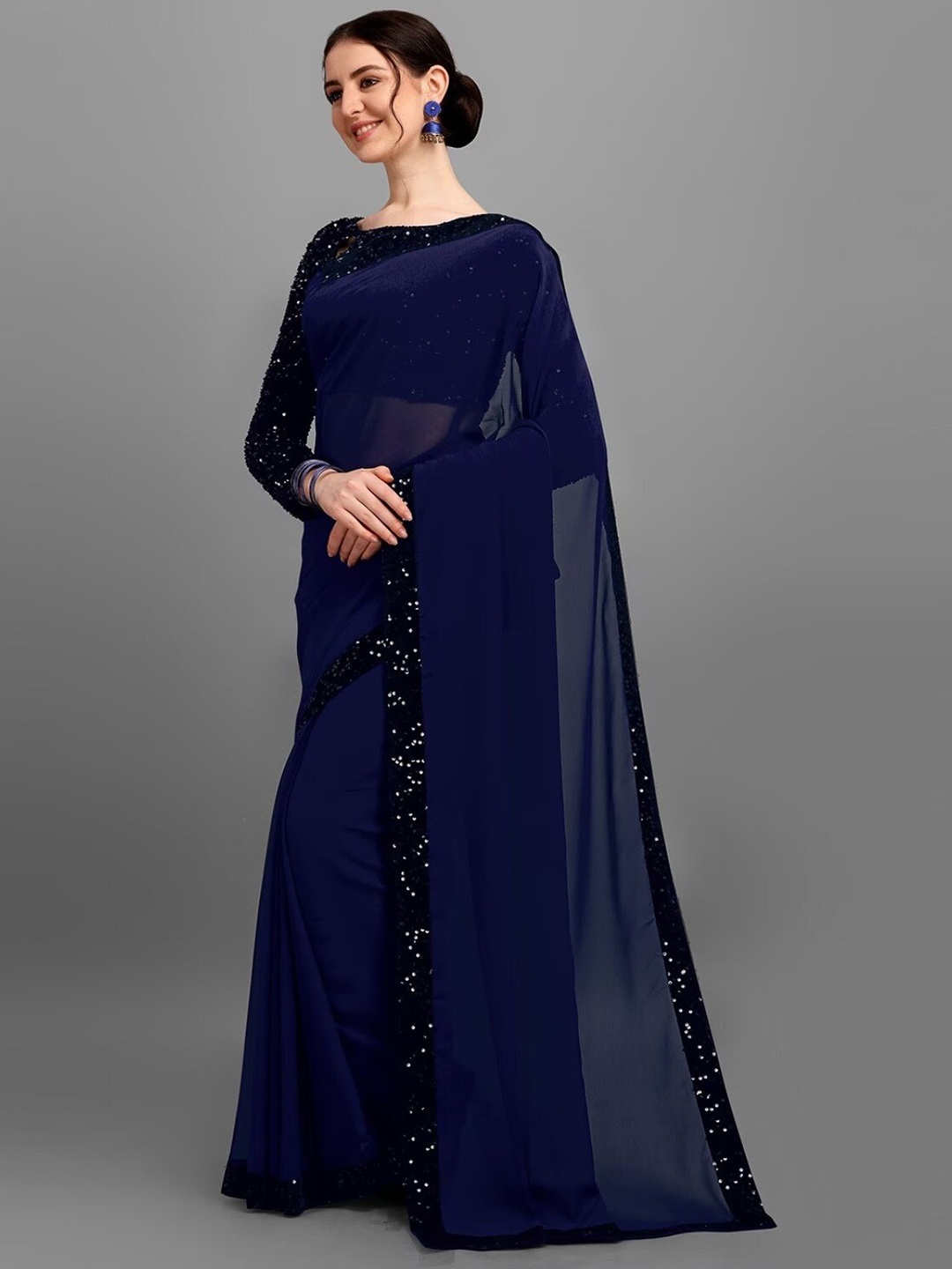 

APNISHA Navy Blue & Black Pure Georgette Saree