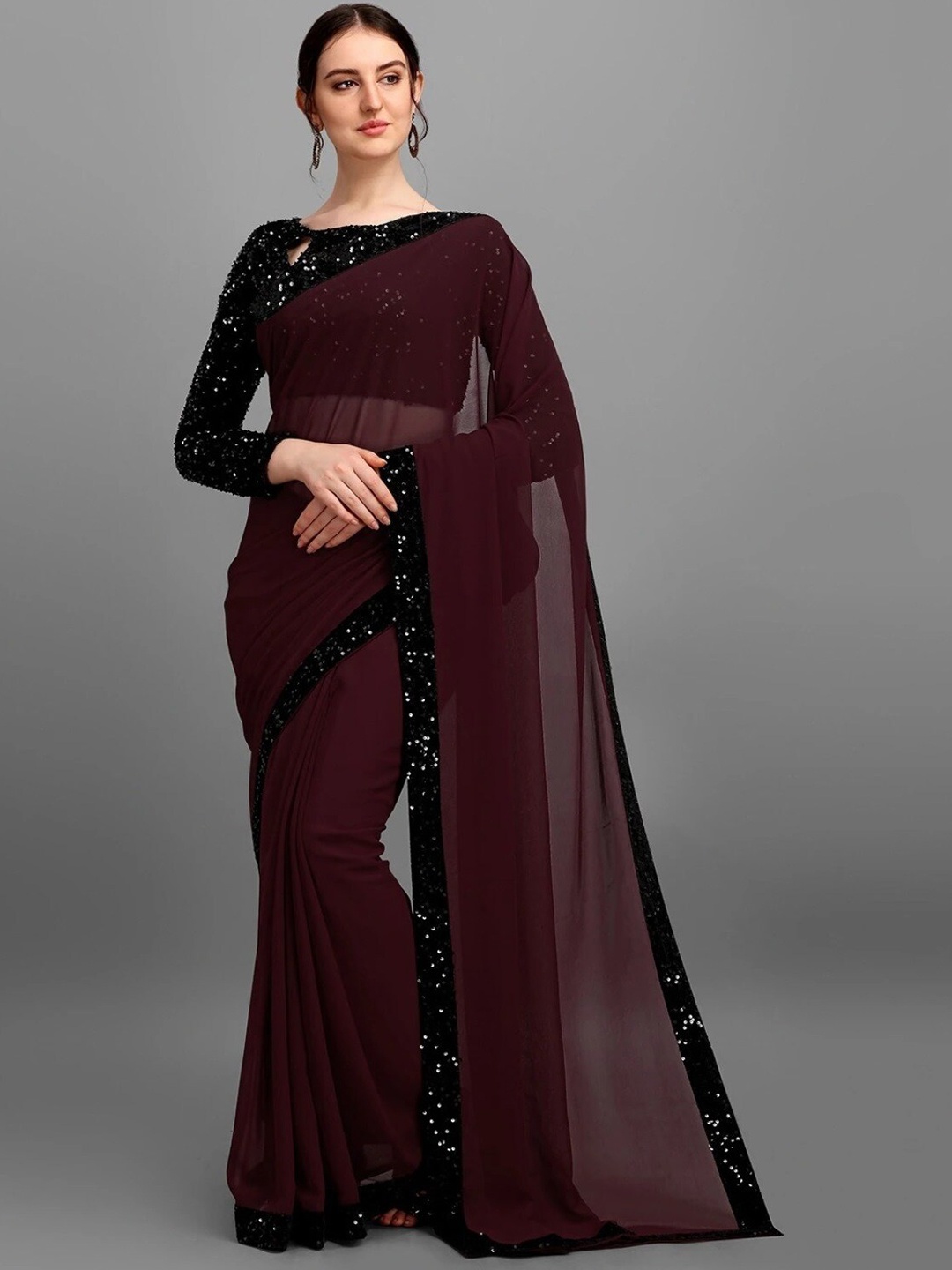 

APNISHA Coffee Brown Pure Georgette Sequence Lace Beautiful Stylist Saree