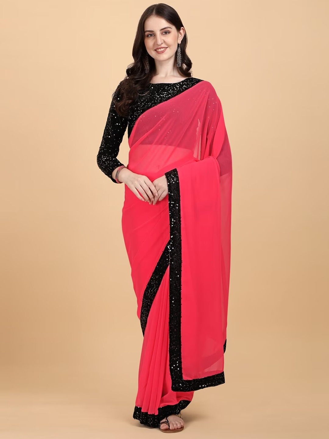 

APNISHA Pure Georgette Sequence Lace Saree, Rose