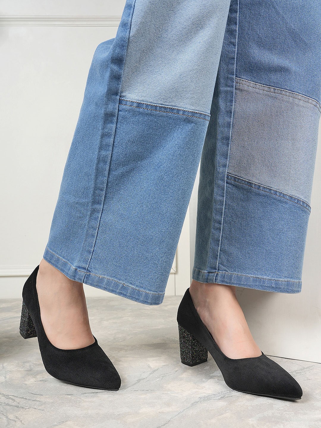 CORSICA Embellished Pointed Toe Party Block Pumps, Black