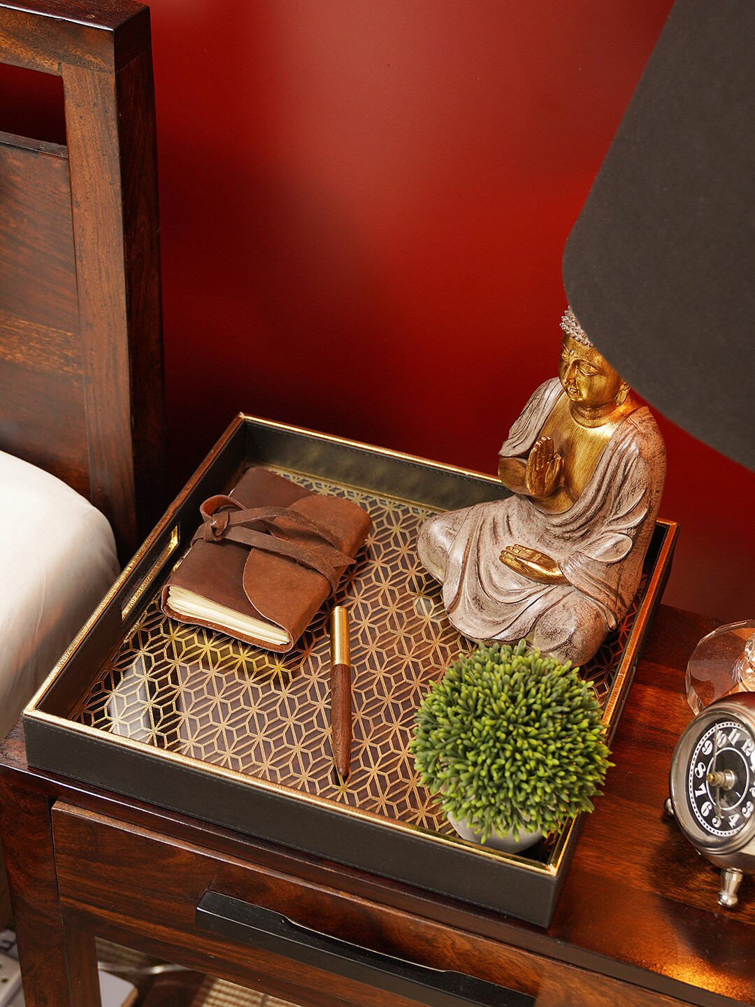 

Pure Home and Living Black & Gold Toned Laser Cut Square Faux Leather Tray