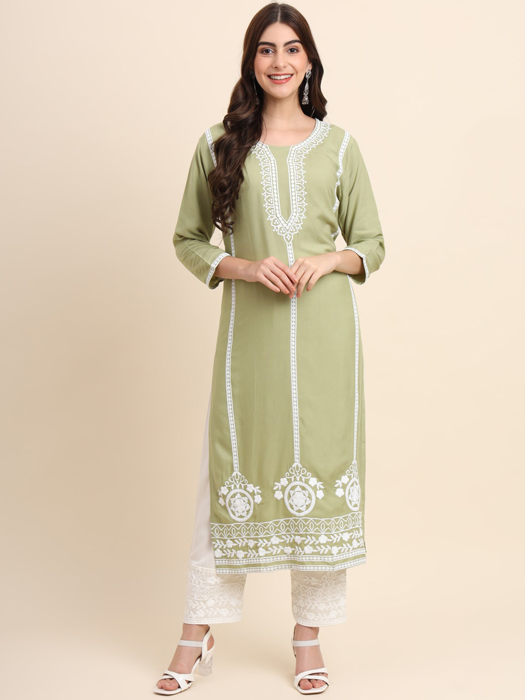 

VAIRAGEE Ethnic Motifs Embroidered Regular Thread Work Kurta With Palazzos, Olive