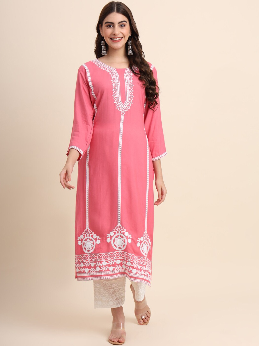 

VAIRAGEE Ethnic Motifs Embroidered Regular Thread Work Kurta With Palazzos, Pink