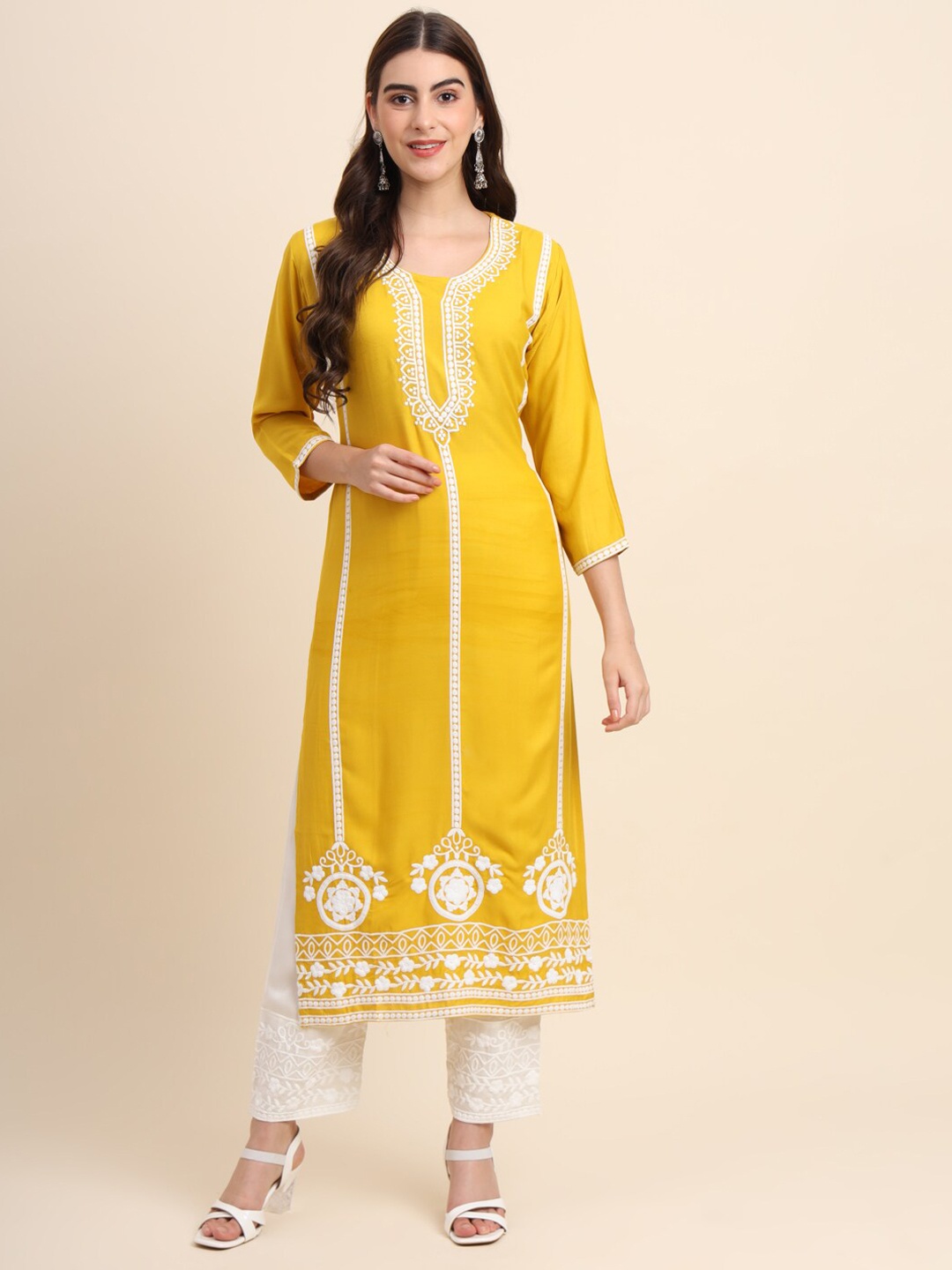 

VAIRAGEE Ethnic Motifs Embroidered Regular Thread Work Kurta With Palazzos, Yellow