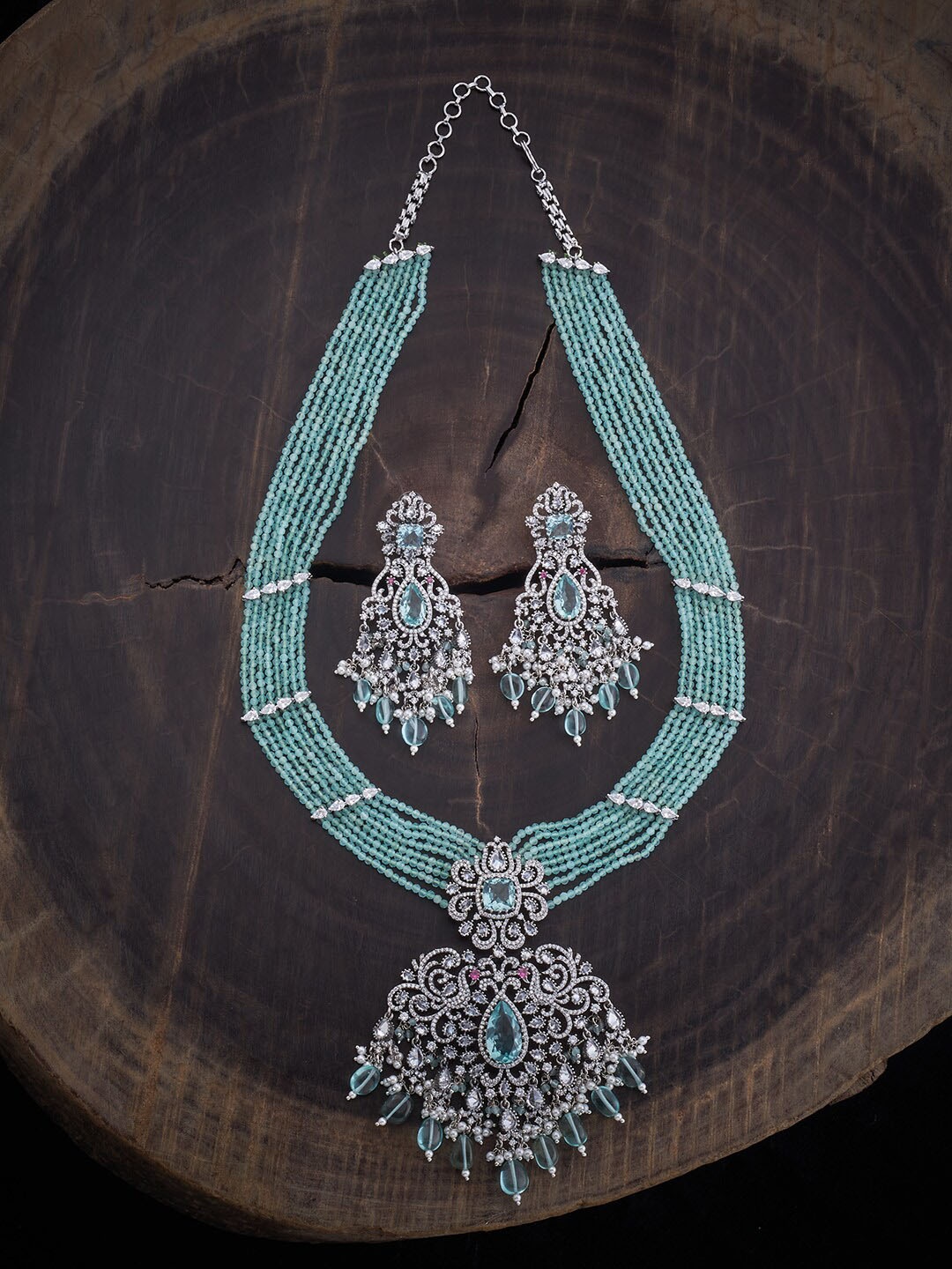 

Kushal's Fashion Jewellery Rhodium-Plated CZ-Studded & Beaded Jewellery Set, Silver