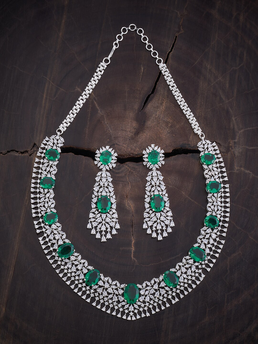 

Kushal's Fashion Jewellery Rhodium-Plated Cubic Zirconia Stone-Studded Necklace & Earrings, Silver