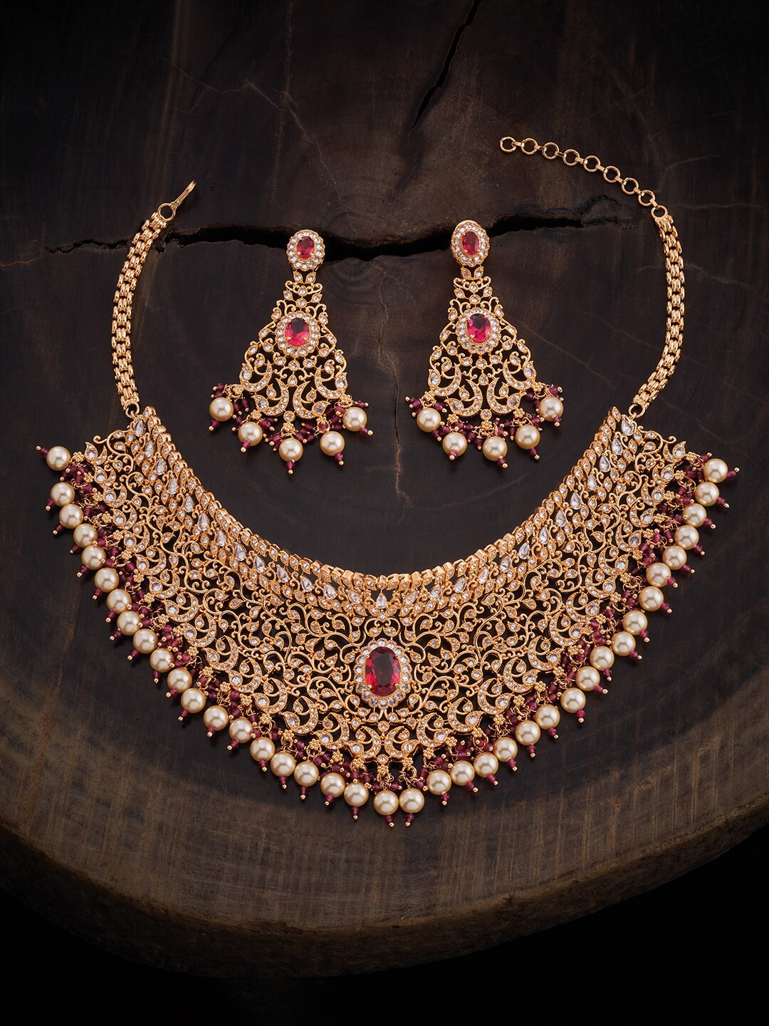 

Kushal's Fashion Jewellery Gold-Plated CZ-Studded & Pearl Beaded Jewellery Set