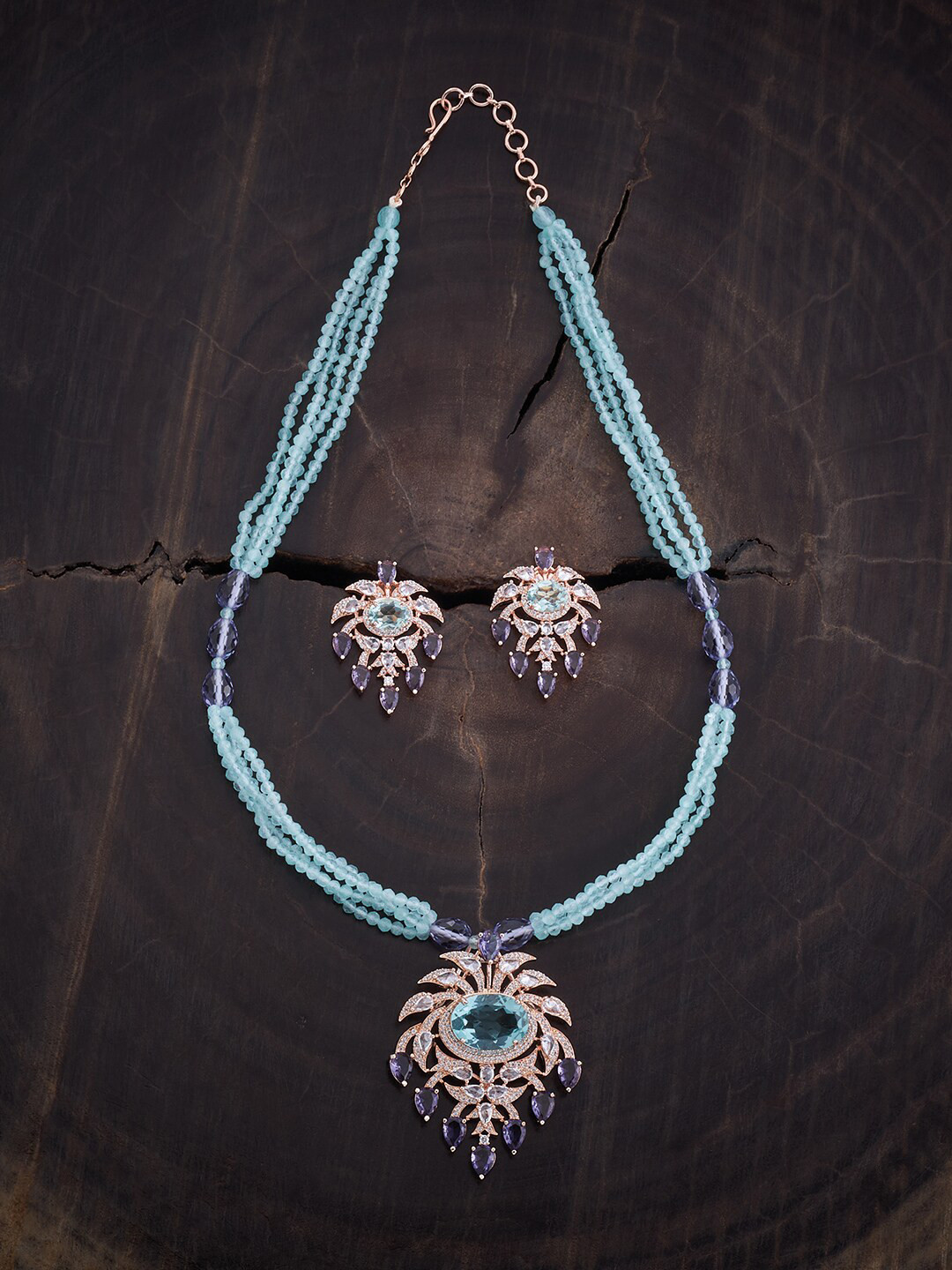 

Kushal's Fashion Jewellery Rhodium-Plated CZ-Studded & Beaded Jewellery Set, Rose gold