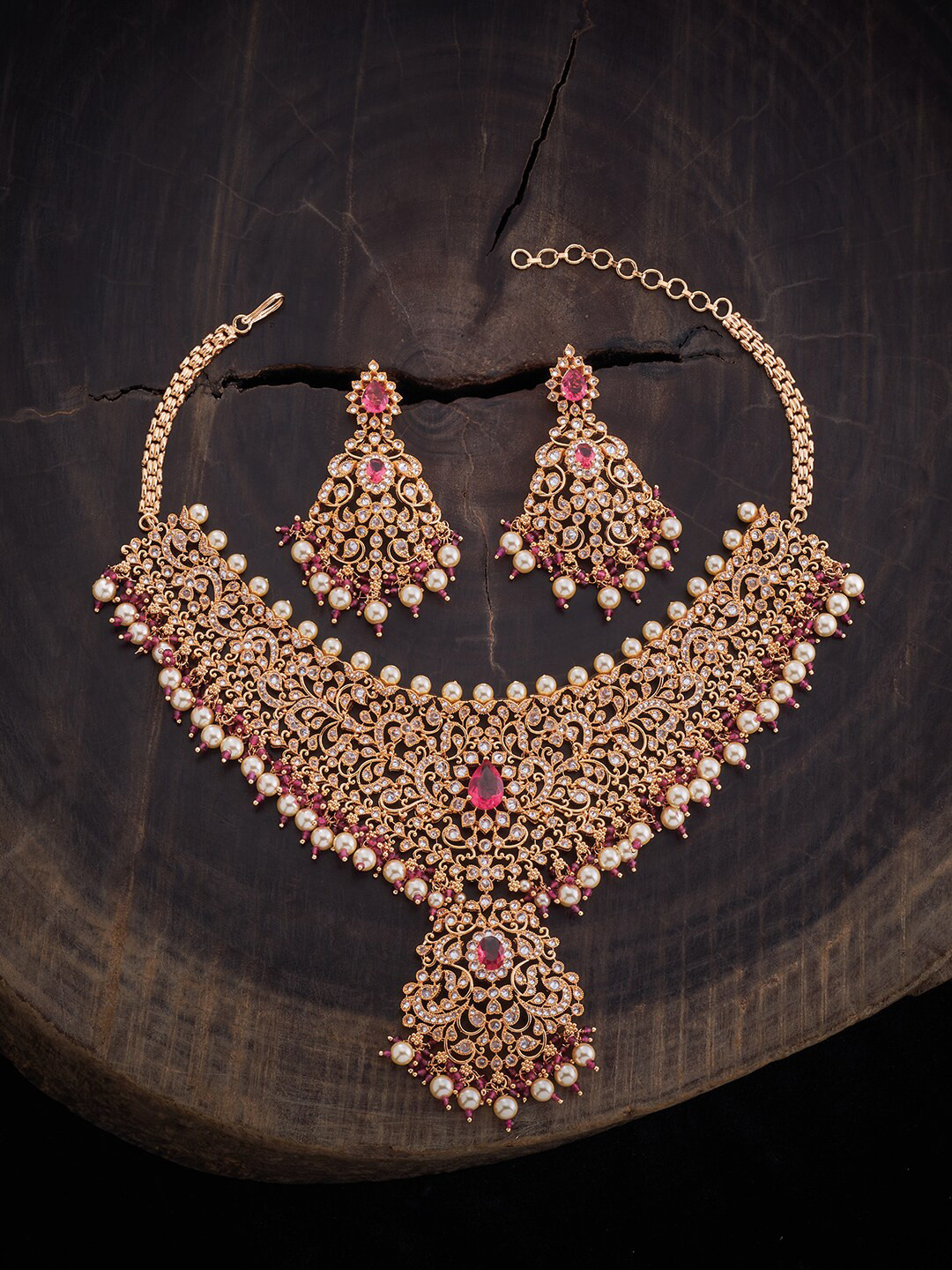 

Kushal's Fashion Jewellery Gold-Plated CZ-Studded & Pearl Beaded Jewellery Set