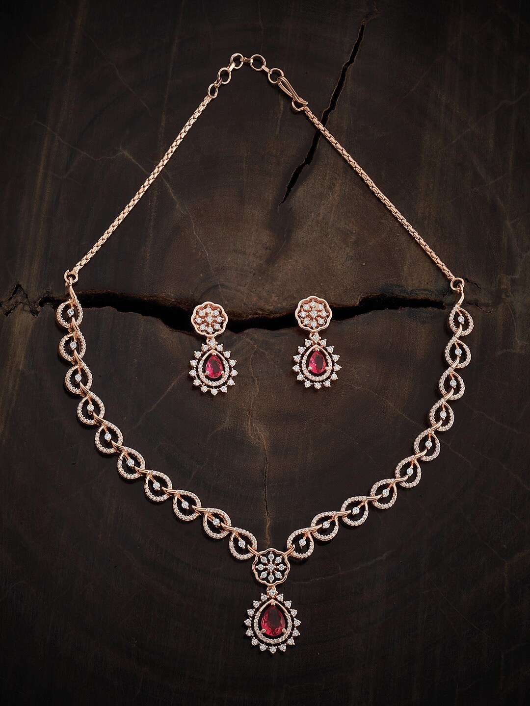 

Kushal's Fashion Jewellery Rose Gold-Plated Cubic Zirconia Studded Necklace With Earrings