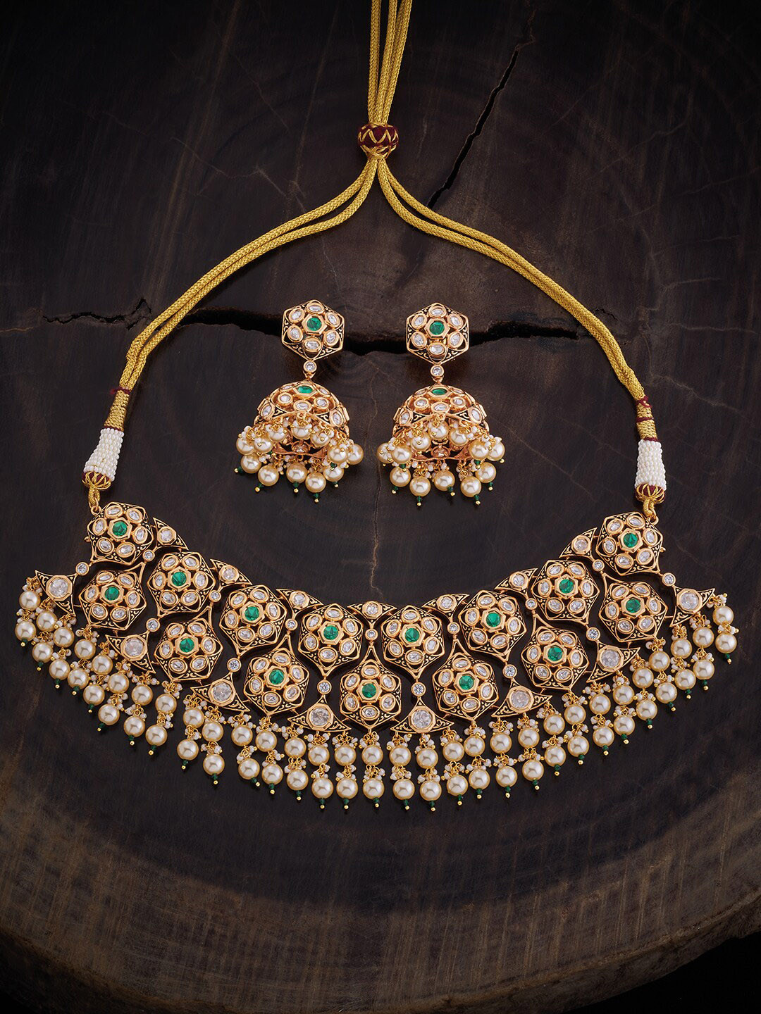 

Kushal's Fashion Jewellery Kundan Studded & Beads Beaded Necklace With Earrings, Gold