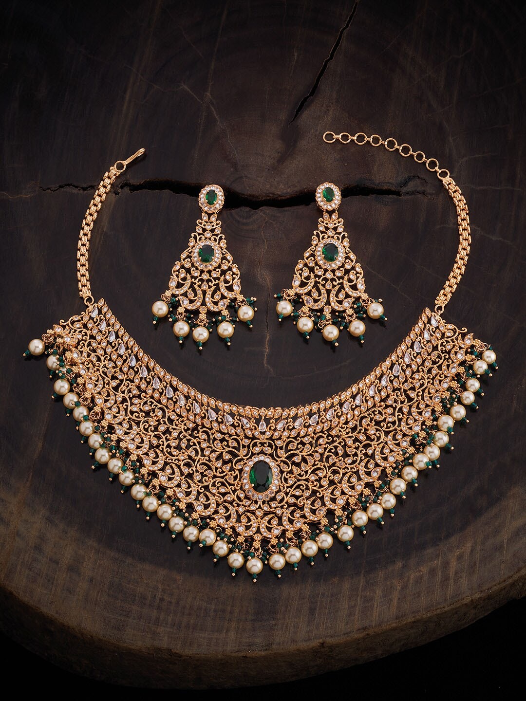 

Kushal's Fashion Jewellery Gold-Plated Cubic Zirconia Studded Necklace With Earrings