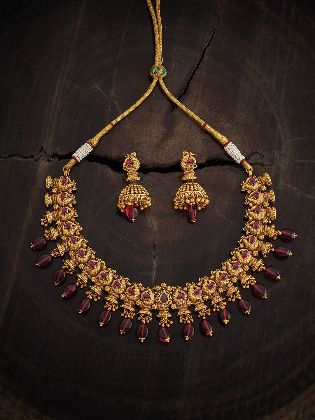 

Kushal's Fashion Jewellery Gold-Plated Ruby Stone-Studded & Beaded Necklace & Earrings