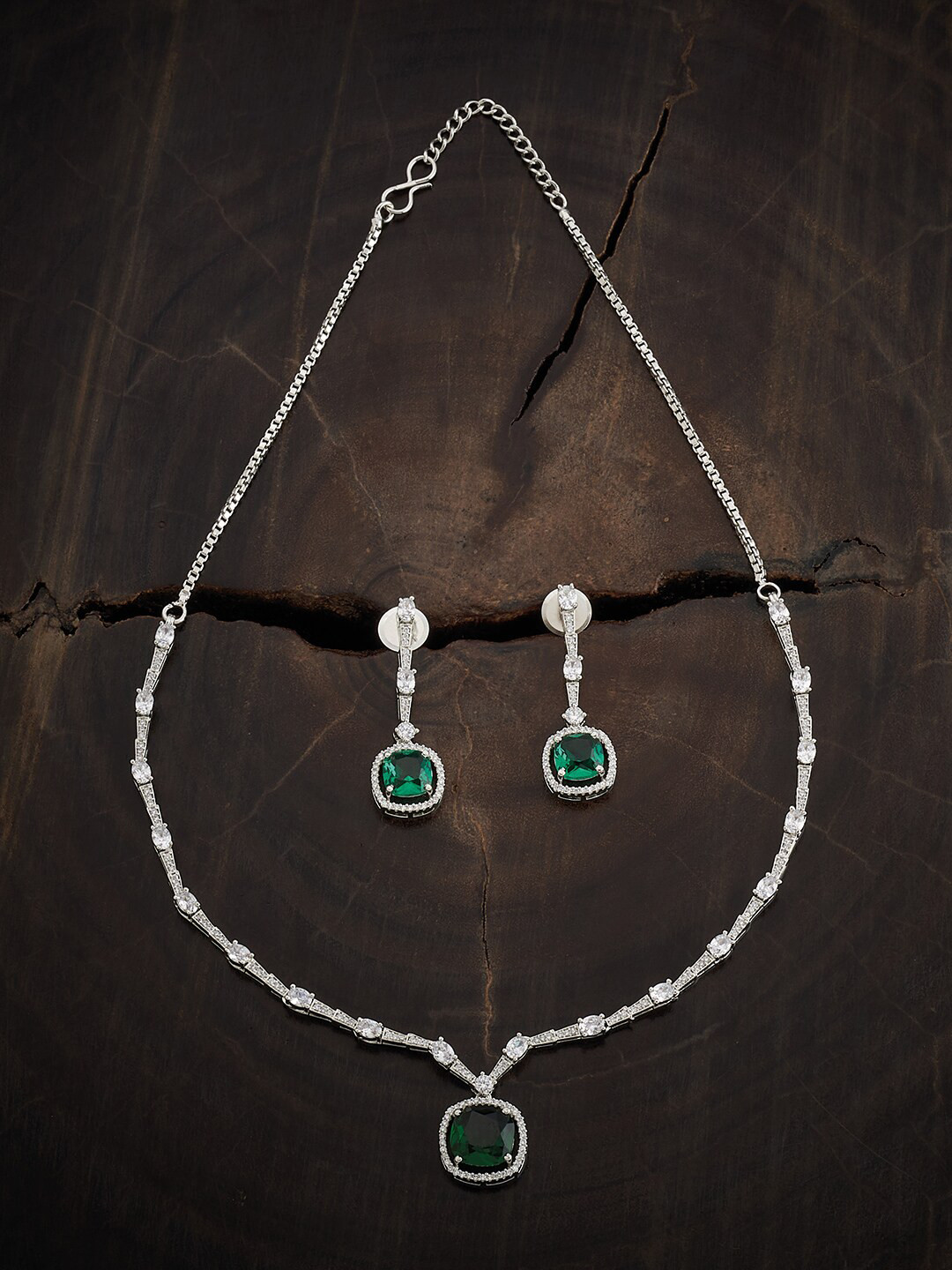 

Kushal's Fashion Jewellery Rhodium-Plated CZ Stone-Studded Necklace & Earrings, Silver
