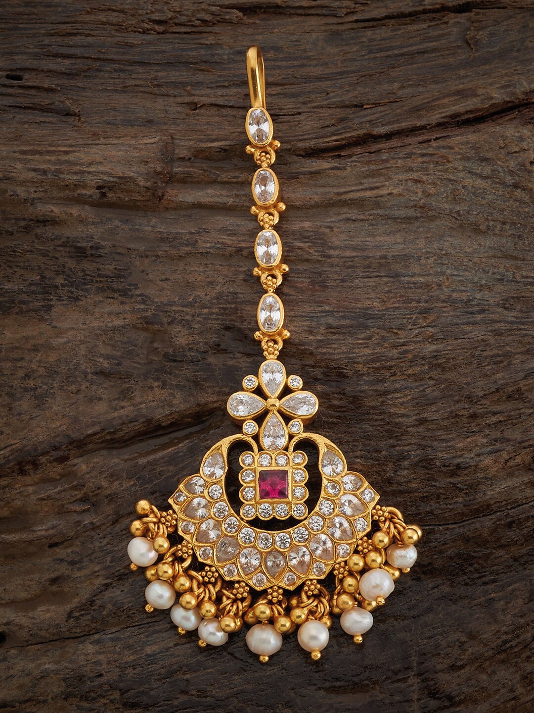 

Kushal's Fashion Jewellery 92.5 Pure Silver Gold-Plated Stone Studded Temple Maang Tikka