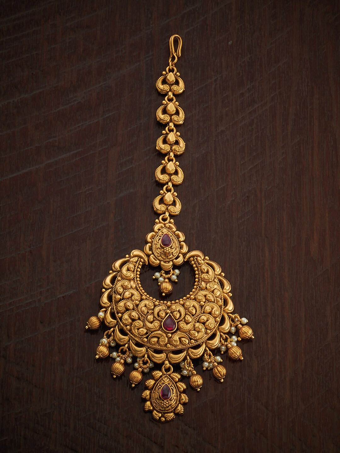 

Kushal's Fashion Jewellery Gold-Plated Ruby Studded & Beaded Maang Tikka