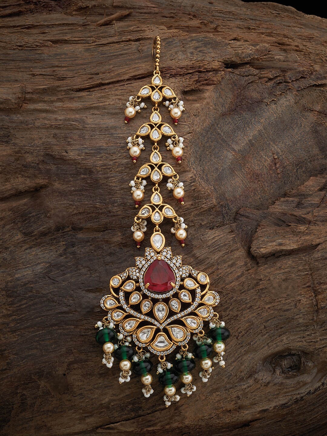 

Kushal's Fashion Jewellery Gold-Plated Kundan Studded Maang Tikka, Red