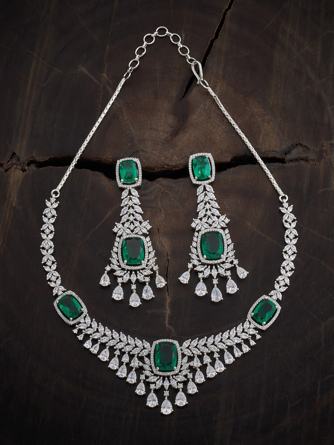 

Kushal's Fashion Jewellery Rhodium-Plated CZ Stone-Studded Jewellery Set, Silver