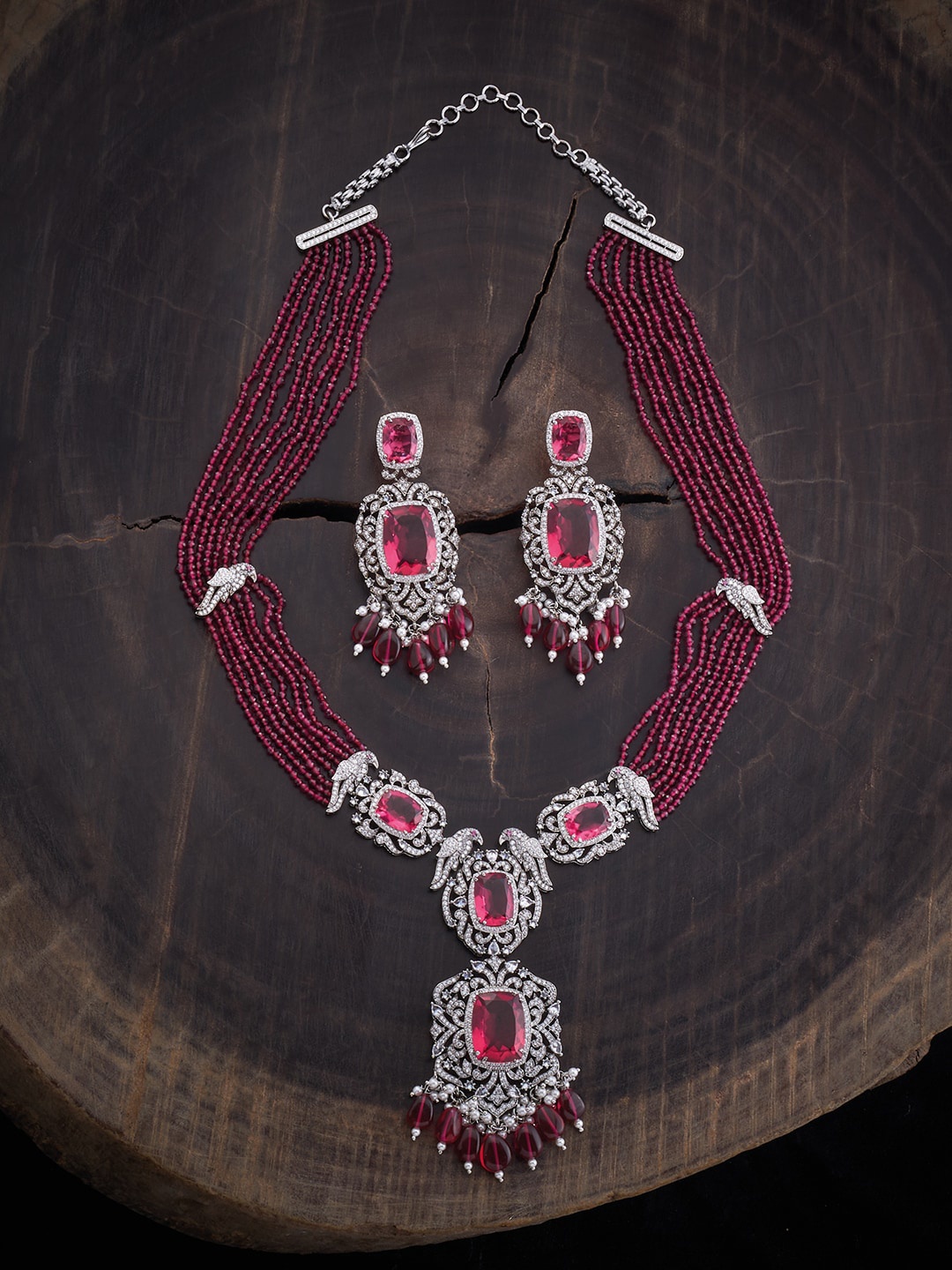 

Kushal's Fashion Jewellery Rhodium-Plated CZ-Studded & Beaded Jewellery Set, Silver