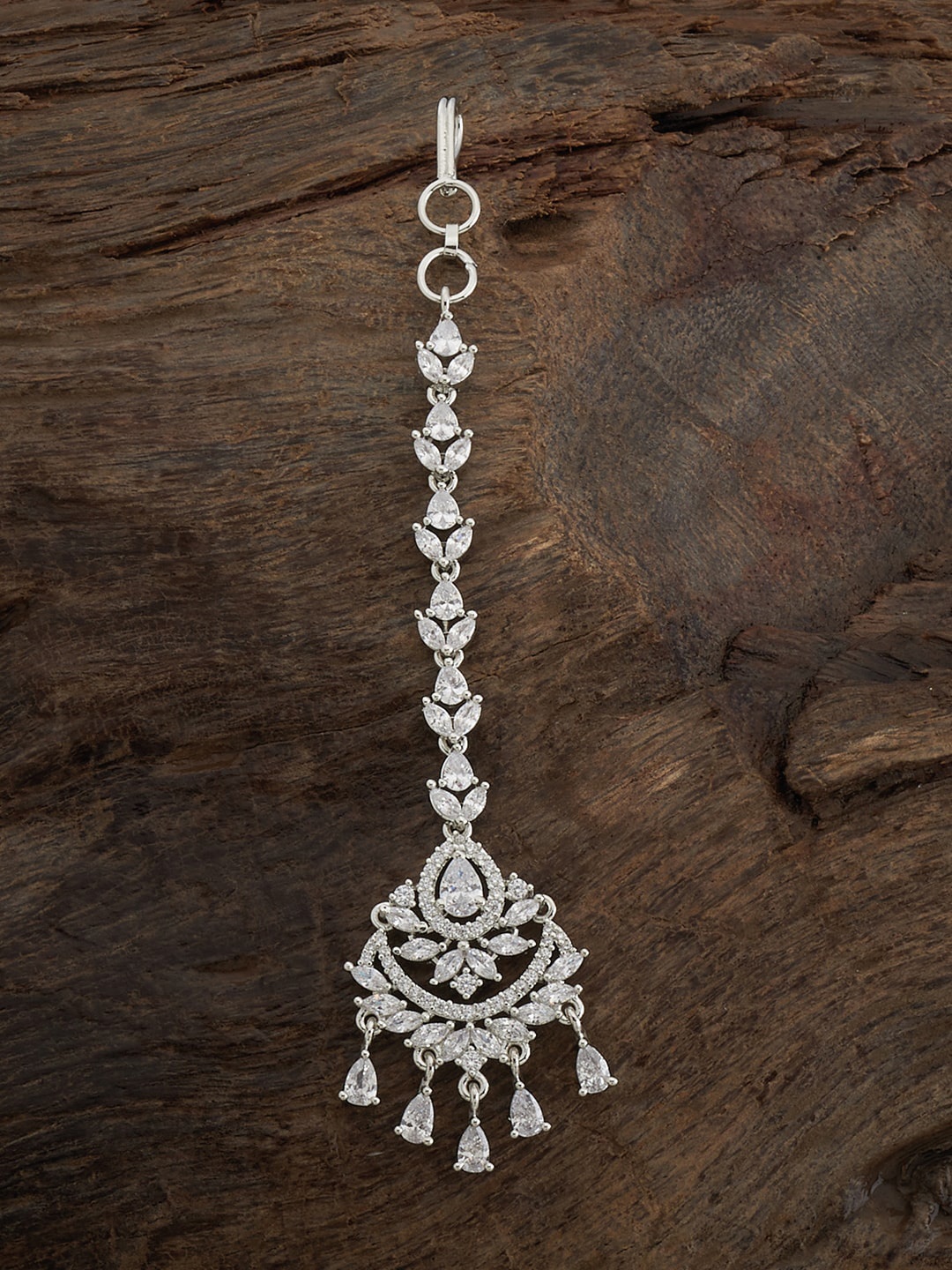 

Kushal's Fashion Jewellery Rhodium-Plated CZ Stone-Studded Maang Tikka, Silver