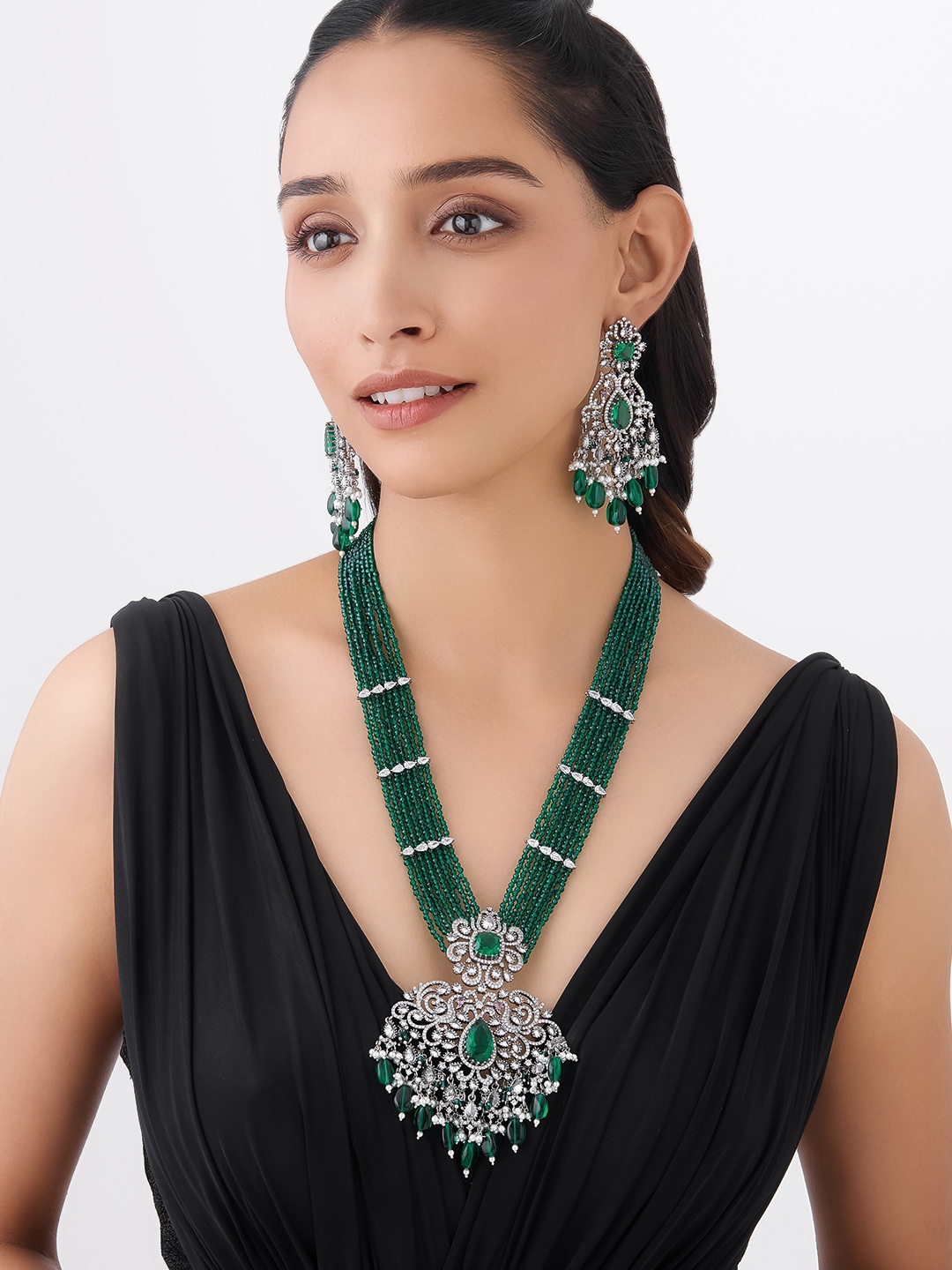 

Kushal's Fashion Jewellery Rhodium Plated CZ Studded & Beaded Jewellery Set, Silver
