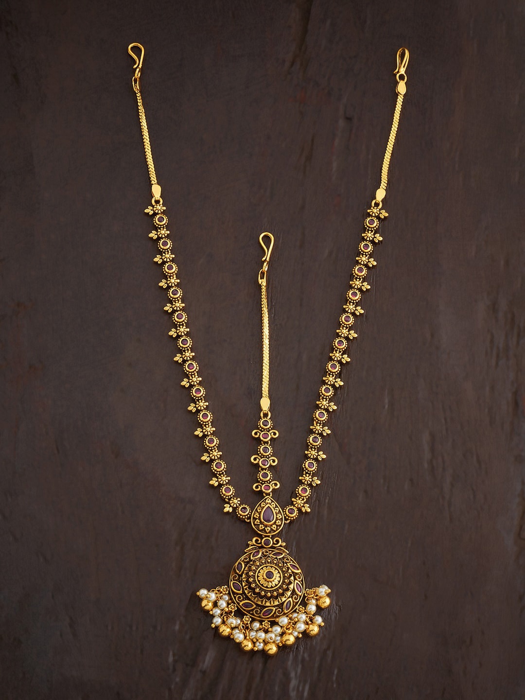 

Kushal's Fashion Jewellery Gold Plated Stones Studded & Pearls Beaded Maatha Patti, Red