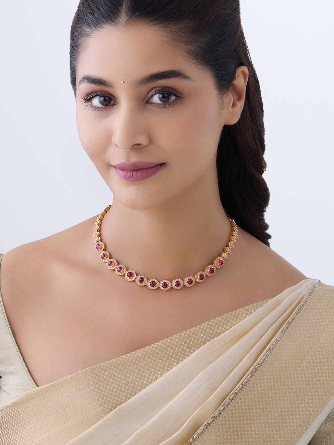 

Kushal's Fashion Jewellery Gold-Plated Stone-Studded 92.5 Pure Silver Necklace