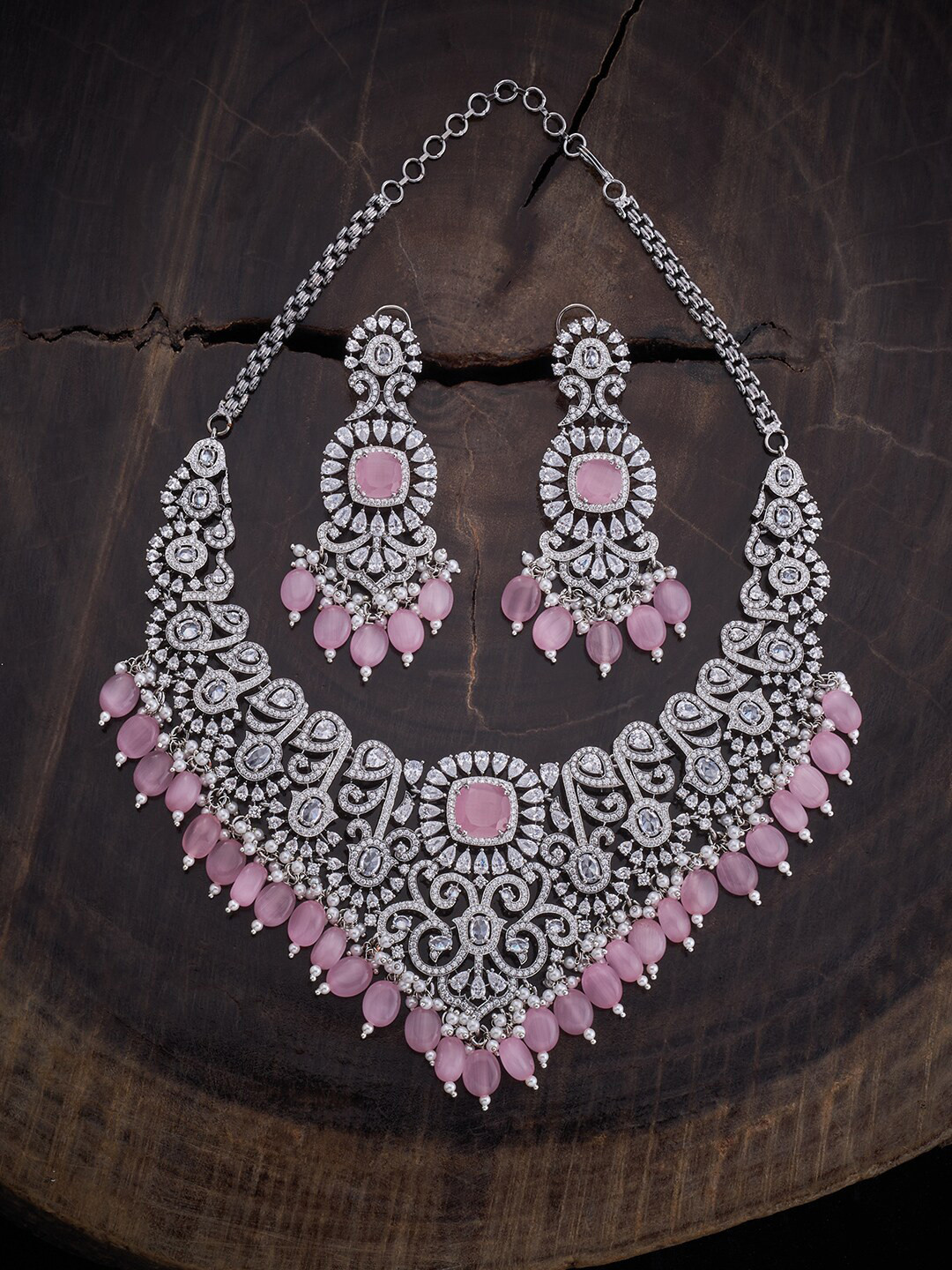 

Kushal's Fashion Jewellery Rhodium-Plated CZ-Studded & Beaded Jewellery Set, Silver