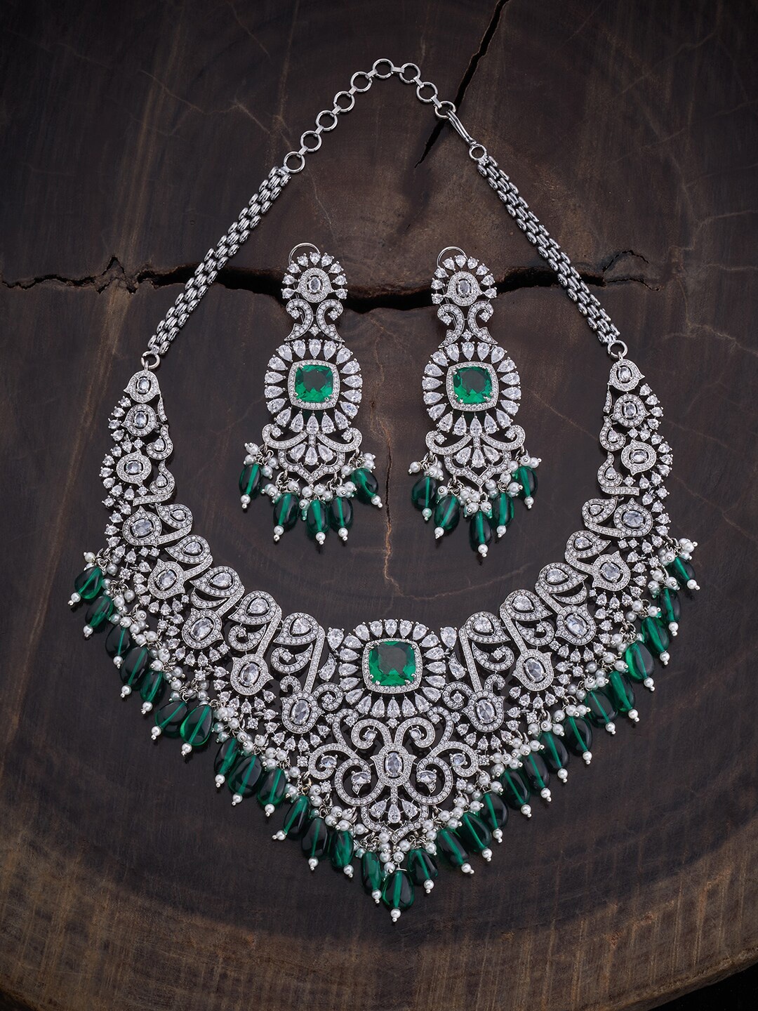 

Kushal's Fashion Jewellery Rhodium-Plated Zircon-Studded & Beaded Jewellery Set, Silver