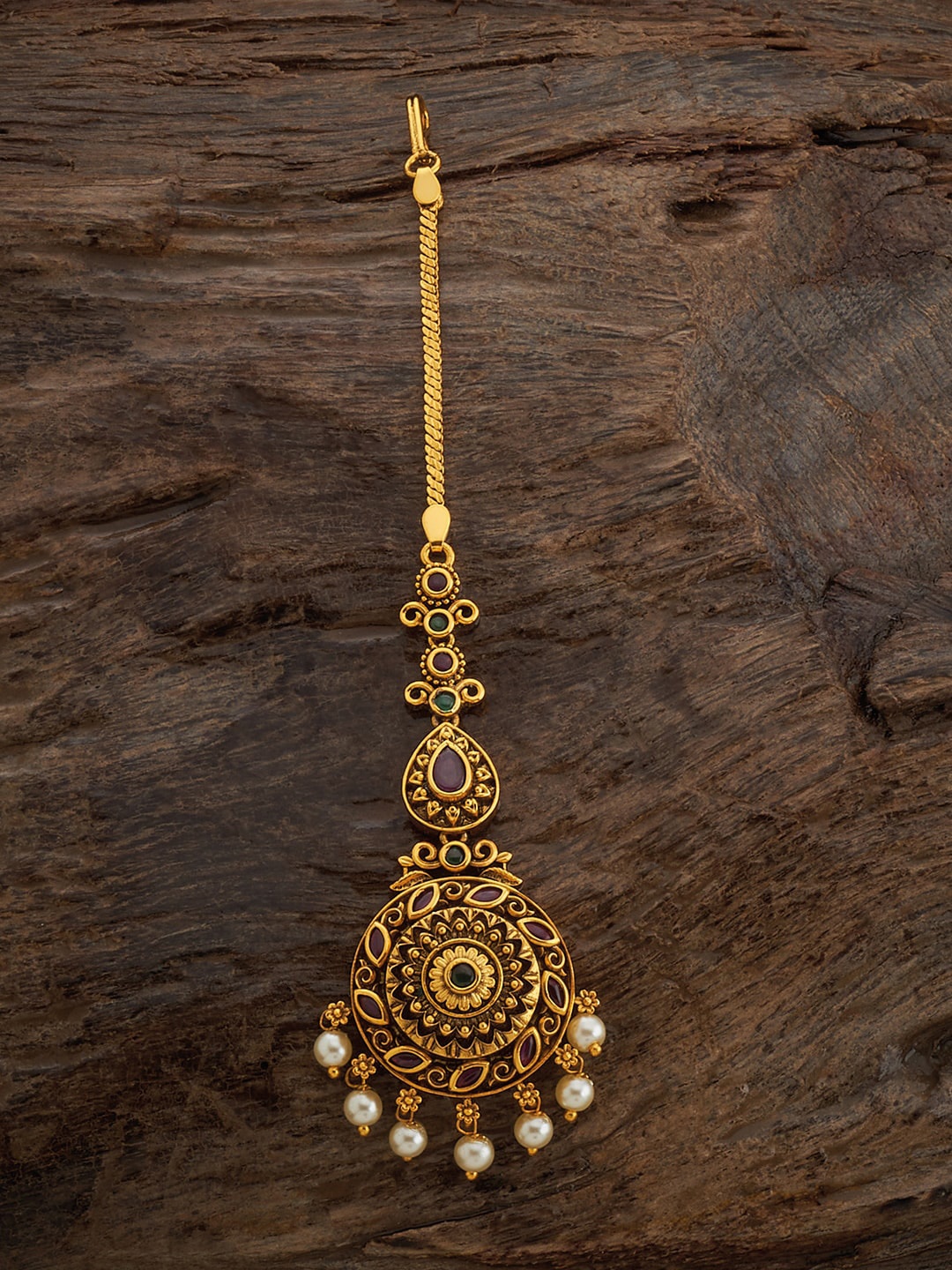 

Kushal's Fashion Jewellery Gold Plated Ruby Studded Antique Mang Tikka