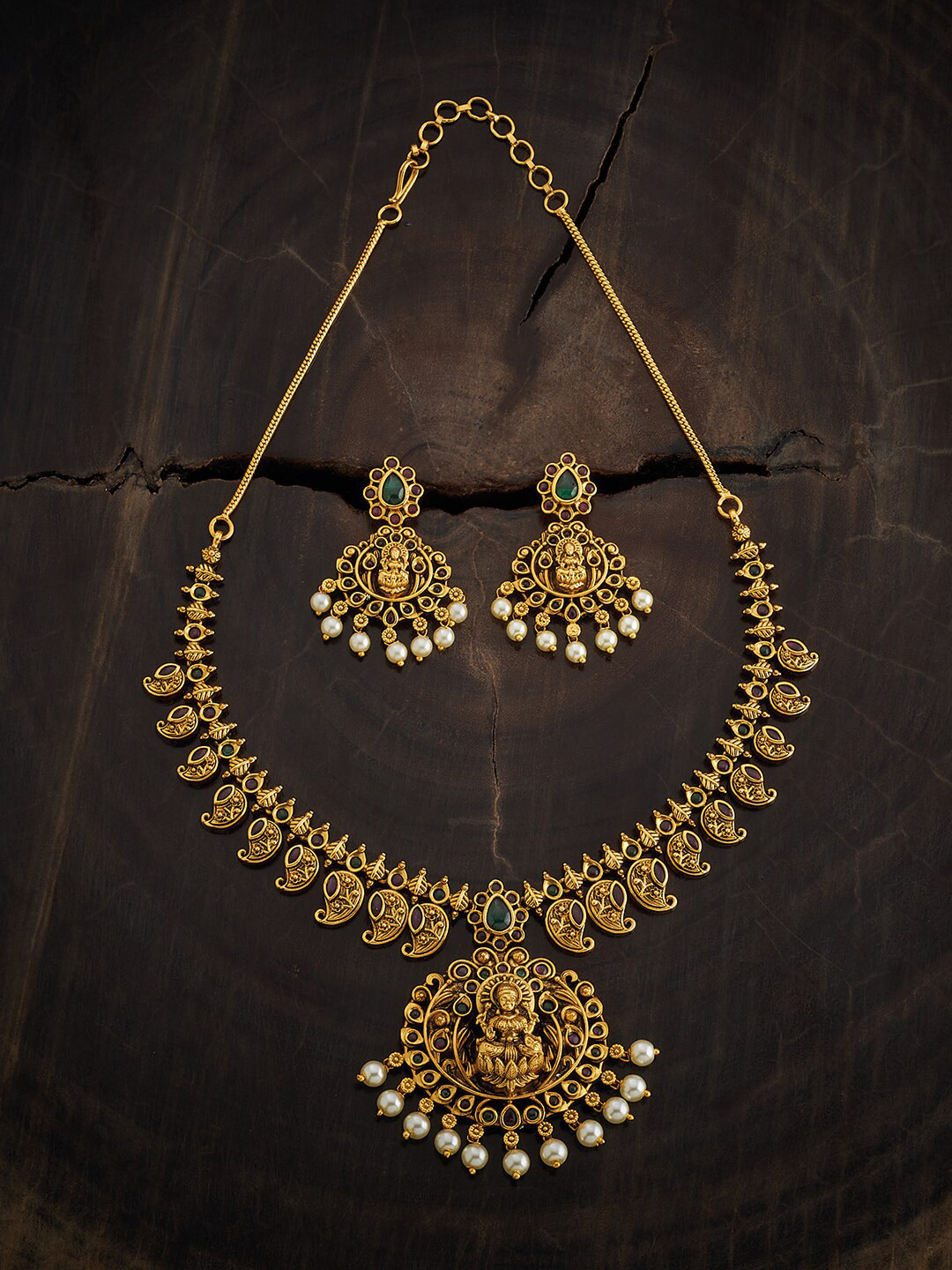 

Kushal's Fashion Jewellery Gold-Plated Stone-Studded & Pearl Beaded Antique Jewellery Set