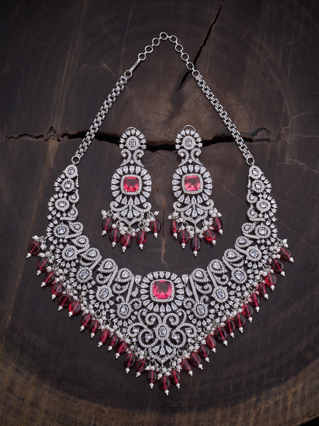 

Kushal's Fashion Jewellery Rhodium-Plated Zircon-Studded Jewellery Set, Silver